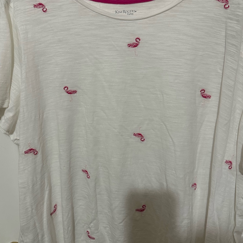Kim Rogers White Tee with Pink Flamingo Embroidery